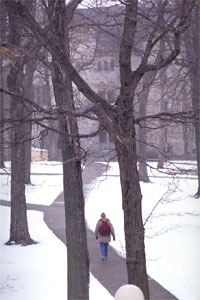 Student walking in winter